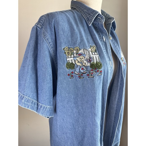 Vintage Quizz Again Denim Button Up Shirt Women M Embroidered Teddy Cottagecore - Picture 2 of 5